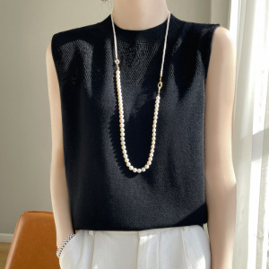 精纺羊毛春季新款女装宽松圆领短款立体钩花内搭打底针织背心