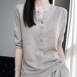 精纺超薄针织衫五分袖圆领套头衫外穿女上衣纯色遮肉短袖女装夏