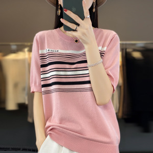 韩版夏季新款条纹绢丝针织衫女短袖设计感小众薄款半袖显瘦潮