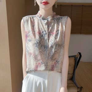 丝光2025春夏季女装新款木耳边圆领暗扣无袖衬衫晕染打底短袖上衣