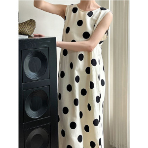 波点裙无袖背心连衣裙夏季新款法式圆领开叉系带显瘦设计感长裙子
