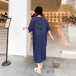 韩国大码T恤女装夏季笑脸卡通连衣裙女宽松开叉中长款过膝长裙子