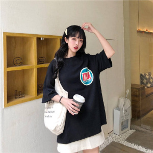 夏季韩版宽松情侣装打底衫女式大码短袖T恤女学院风中长上衣服装