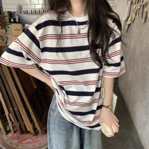 显瘦条纹宽松温柔短袖T恤学生情侣夏季BF风休闲慵懒风上衣女ins潮