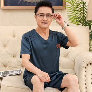 夏季休闲大码睡衣男短袖短裤中老年爸爸可外穿冰丝凉感家居服套装