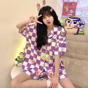 睡衣女夏季薄款仿棉开衫短袖短裤套装学生甜美可爱外穿翻领家居服