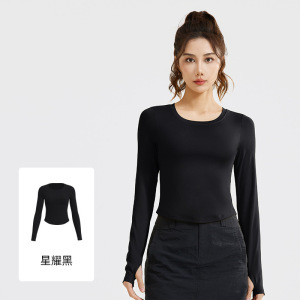 新款运动长袖裸感紧身显瘦跑步运动T恤免穿文胸瑜伽服女