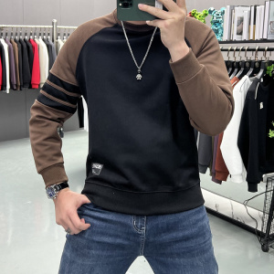 春秋新款卫衣男装织带拼接色潮流加绒加厚圆领休闲秋冬打底衫