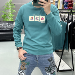 秋季新款圆领套头卫衣男士打底衫时尚潮流个性烫印长袖修身上衣男