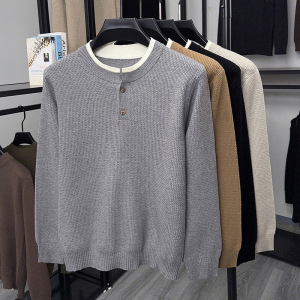 秋冬季新款假两件圆领毛衣男时尚青年加厚保暖打底男士针织衫