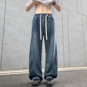 莱赛尔冰丝阔腿牛仔裤男天丝直筒港风牛仔多色松紧垂感拖地裤学生