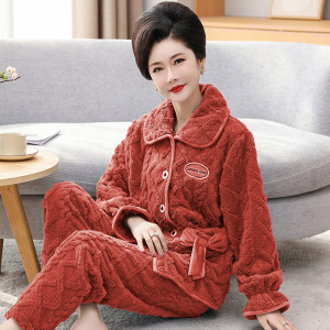 珊瑚绒妈妈睡衣女冬季加绒加厚新款法兰绒秋冬款家居服套装