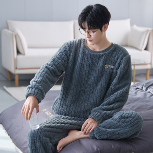 新款男士睡衣珊瑚绒秋冬季加厚加绒大码法兰绒保暖套装家居服