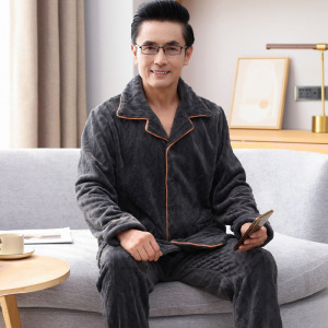 珊瑚绒睡衣男款秋冬季加绒加厚中老年人爸爸法兰绒男士家居服套装