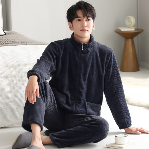 睡衣男士冬季珊瑚绒加厚加绒拉链款法兰绒秋冬保暖大码家居服套装
