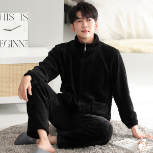 睡衣男士冬季珊瑚绒加厚加绒拉链款法兰绒秋冬保暖大码家居服套装