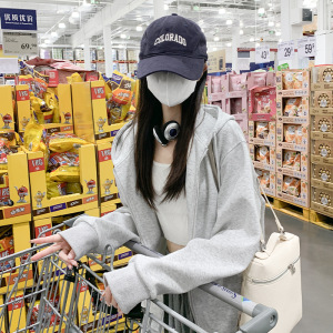 浅灰色连帽拉链卫衣女秋冬加绒加厚新款宽松外套长袖上衣