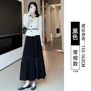 金丝绒半身裙女秋冬新款胖mm大码a字半裙垂坠感百褶灰色长裙_139