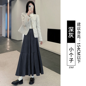 金丝绒半身裙女秋冬新款胖mm大码a字半裙垂坠感百褶灰色长裙_139