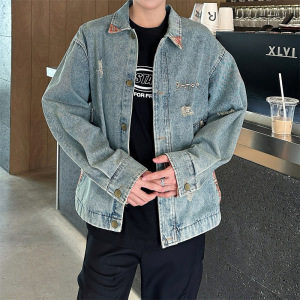 夹克男春秋季美式潮牌做旧水洗撞色牛仔夹克男女复古翻领宽松外套