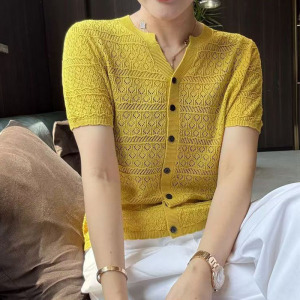 冰丝圆领纯色短袖针织开衫上衣韩系设计感镂空百搭显瘦女打底衫
