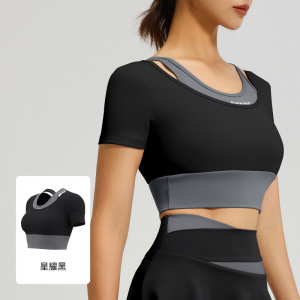 拼色假两件瑜伽服短袖免穿文胸运动健身上衣