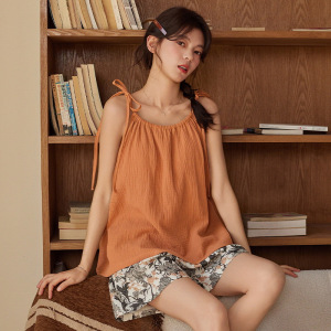 带胸垫睡衣女士夏季碎花云朵棉无袖背心吊带短裤家居服套装可外穿