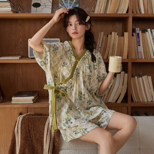 带胸垫睡衣女夏季云朵棉短袖短裤休闲风开衫绑带可外穿家居服套装