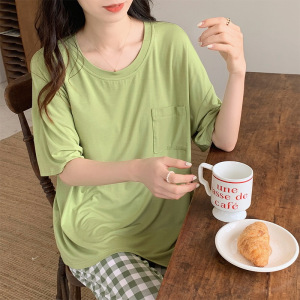 睡衣女士夏季短袖七分裤两件套装莫代尔纯色简约少女家居服带胸垫