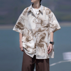 男装夏季海岛度假男女同款宽松短袖花衬衫痞帅时尚潮牌休闲男衬衣