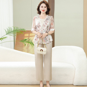 时尚中年印花套装女中老年女士休闲妈妈装两件套衣服夏季薄款女款