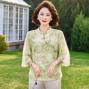 2026年女装时尚水印中老年妈妈装薄款雪纺衫气质简约国风中年衣服