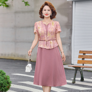 夏季妈妈装连衣裙时尚简约中老年女士休闲长裙子拼接款女短袖夏款