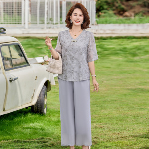 夏季新款中袖妈妈装洋气中老年女装两件套衣服40-60中年国风套装