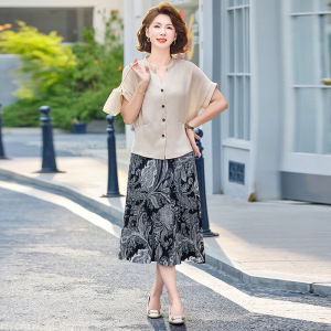 妈妈装短袖套装时尚休闲中老年女士夏装两件套40-60岁女装中年薄