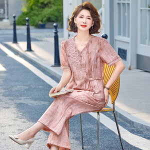妈妈装短袖套装时尚休闲中老年女士夏装两件套40-60岁女装中年薄_569