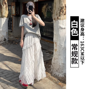 复古拼接斜纹白色蕾丝半身裙女2026早春松紧腰显瘦网纱a字长裙女