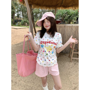 设计感ins甜辣妹波点短袖T恤美式多巴胺个性印花修身正肩上衣百搭