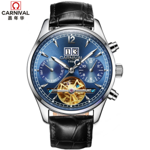 瑞士嘉年华Carnival正品新款全自动机械表 男时尚镂空手表 精钢金属飞轮男士防水夜光男表 休闲日历星期8730