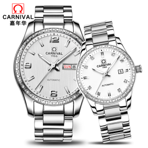 瑞士嘉年华Carnival情侣表全自动机械表 男休闲时尚手表多功能夜光防水金属精钢带情侣腕表男表女表一对表8692情侣款