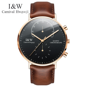 瑞士嘉年华Carnival男士薄款石英表 男真皮表带简约男表休闲时尚手表夜光防水腕表英伦风男神表黑面8787G-5