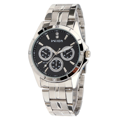 威龙CHINOWILON时尚潮流学生男表韩版运动个性表盘手表精准走时水钻石英表装饰三眼表1025钢带黑面