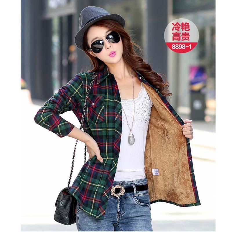 秋冬保暖新款女士格子衬衫女加绒加厚格子衬衫韩版修身长袖时尚衬衣潮