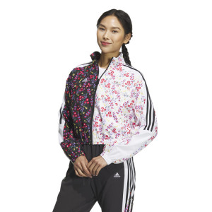 adidas 三条纹拼色花卉满印运动休闲夹克外套 女款 黑白色 IM8441