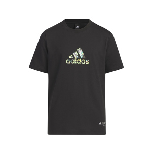 adidas 童装 Cotton Tee Logo字母熊猫印花罗纹圆领短袖T恤 男童 黑色 IN7022