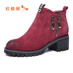 红蜻蜓马丁靴女春秋休闲鞋女粗跟圆头短靴女户外工装鞋女鞋