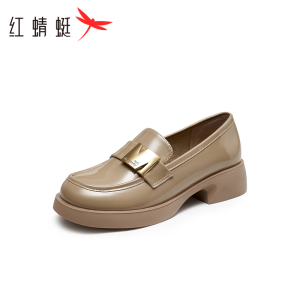红蜻蜓乐福鞋女2025新款春秋一脚蹬厚底黑色小皮鞋英伦风高跟单鞋