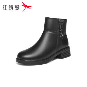 红蜻蜓女靴冬季新款时尚短靴粗跟保暖加绒棉靴棉靴真皮保暖棉鞋