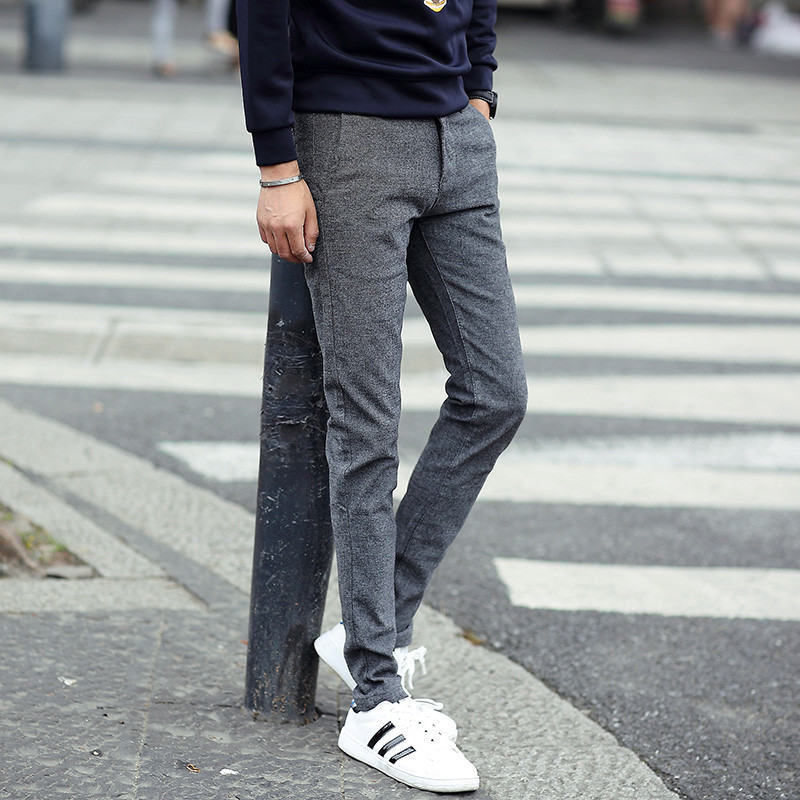 倍佳斯 男士新品 潮男修身显瘦蓝色小脚铅笔裤男士弹力棉麻休闲长裤厚