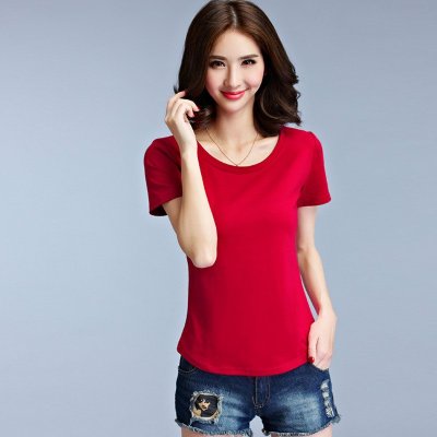 声缎2016夏季新款女装 纯色圆领短袖修身打底T恤衫6891